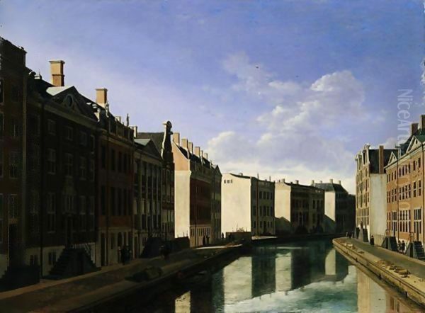 Amsterdam, The Heerengracht From The Vijzelstraat Looking Towards The Nieuwe Spiegelstraat Oil Painting by Gerrit Adriaensz Berckheyde