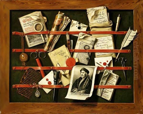 A Trompe L'A…a€œil Still Life Of Written And Printed Documents, A Printed Portrait Of Erasmus And An Envelope With Broken Seal, A Watch, A Comb, Pince-Nez, A Magnifying Glass, A Key, A Seal And Stick Of Sealing Wax Oil Painting by Edwart Collier