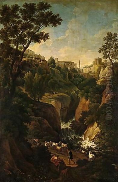 A Capriccio Of Tivoli, With Peasants And Animals By The Falls Oil Painting by Jan Frans Van Bloemen (Orizzonte)