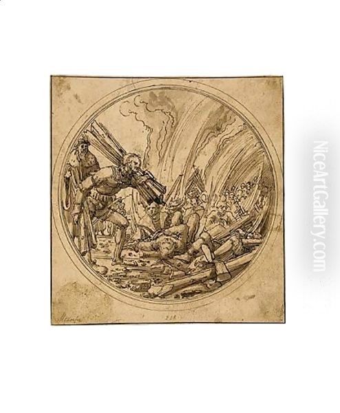 Design For A Glass Roundel The Emperor Maxentius Ordering The Burning Of The Fifty Wise Men For Failing To Convince St. Catherine Of The Error Of Her Ways Oil Painting by Albrecht Altdorfer