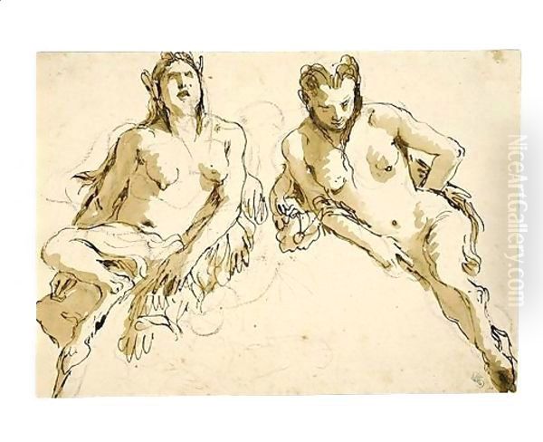 Design For A Lunette Two Female Satyrs Oil Painting by Giovanni Battista Tiepolo