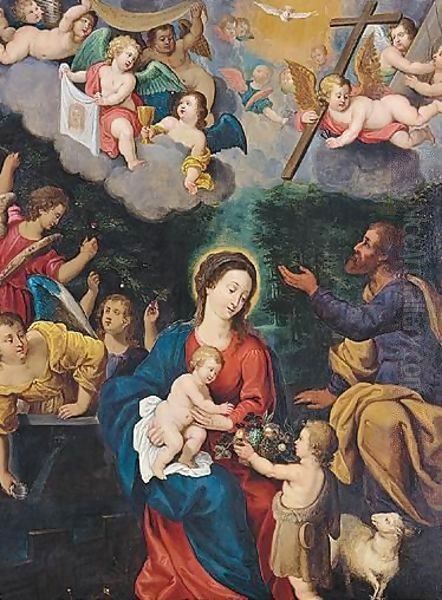 The Holy Family With The Infant Saint John The Baptist In A Landscape, Above Angels Carrying The Symbols Of The Passion, The Cup Of The Eucharist And The Veil Of Saint Veronica Oil Painting by Pieter Van Avont