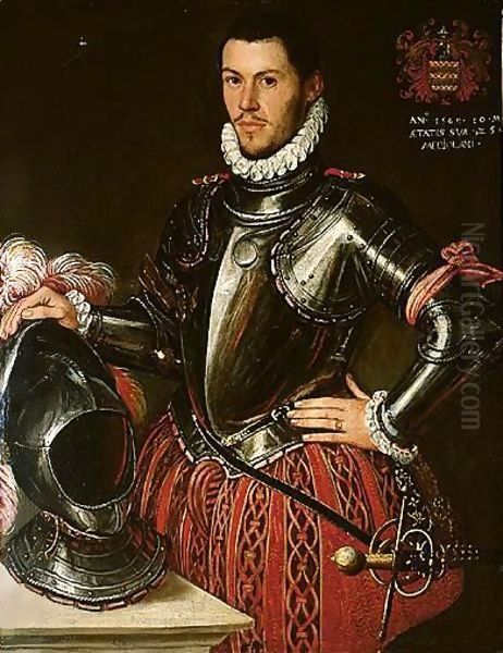 Portrait Of A Gentleman, Three-Quarter Length, Wearing Armour, Resting His Right Hand On A Helmet Oil Painting by Lombard School