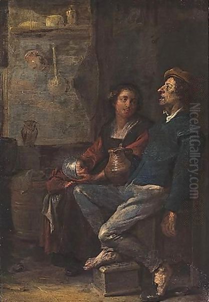 Interior With A Man Resting His Foot On A Foot Warmer, Together With His Wife And Child Oil Painting by Cornelis Saftleven