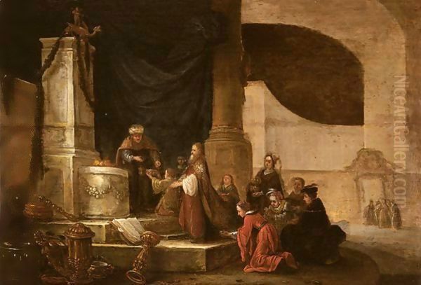 Figures Offering A Sacrifice In A Temple Oil Painting by Jacob Willemsz de Wet the Elder