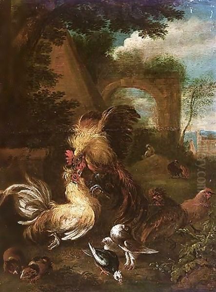 Landscape With Bantam Cockerels Fighting, Together With Guinea Pigs And Doves Oil Painting by Adriaen de Gryef