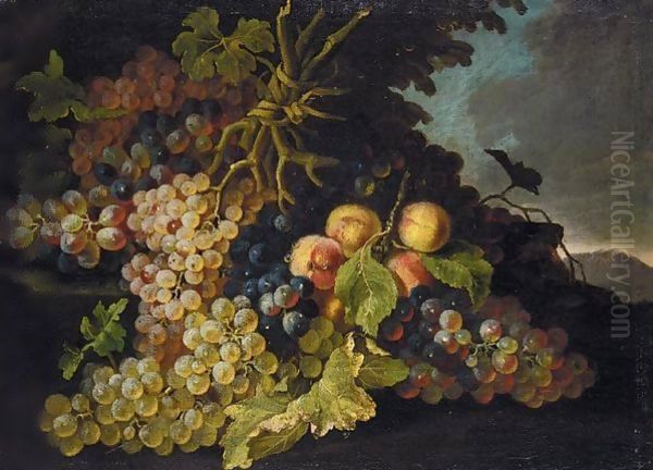 Still Life Of Grapes And Peaches In A Landscape Oil Painting by Pietro Navarra