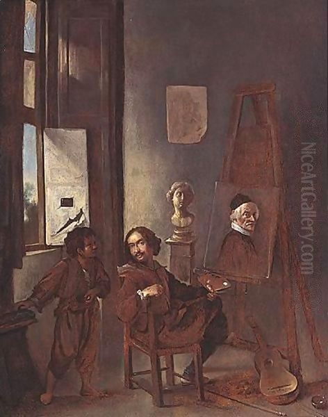 Portrait Of The Artist, In His Studio, Seated At An Easel Oil Painting by Johannes Lingelbach