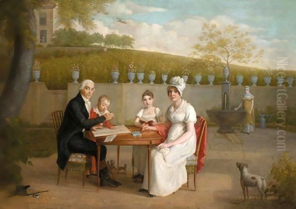 A Portrait Of The Arlaud Family, Seated At A Table In An Enclosed Garden, A Vineyard Beyond Oil Painting by Marc-Louis Arlaud