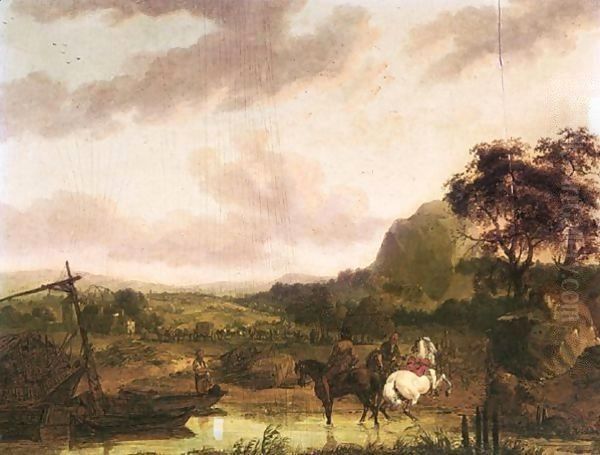 An Italianate Landscape With Horsemen On A River-Bank Oil Painting by Jean Duplessi-Bertaux