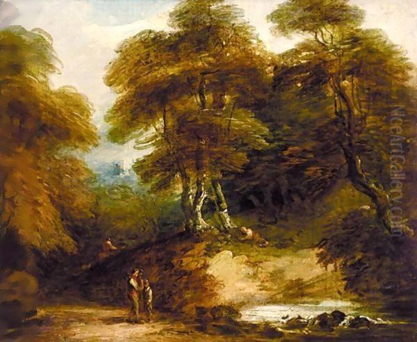 Rustic Landscape With Figures By A Stream Oil Painting by Thomas Barker of Bath