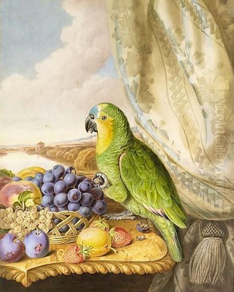 A Parrot Eating From A Bowl Of Grapes, Plums, Peaches And Strawberries, A River Landscape Beyond Oil Painting by Augusta Innes Withers