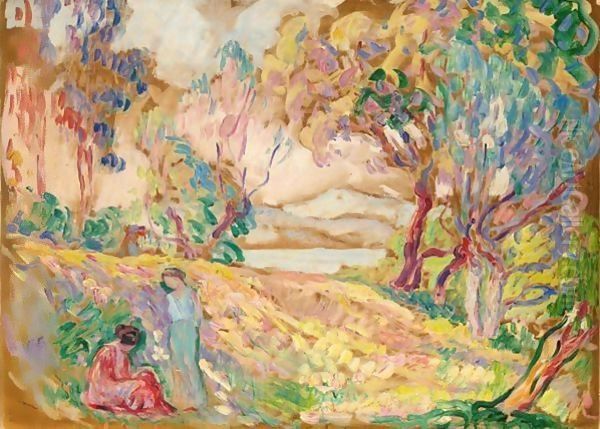 Saint-Tropez, Deux Jeunes Filles Dans Un Paysage Oil Painting by Henri Lebasque