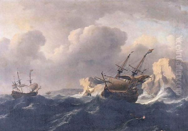 Shipping In A Storm Off A Rocky Coast Oil Painting by Ludolf Backhuysen