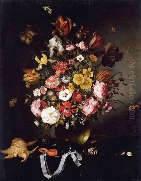 Still Life Of Flowers In A Glass Vase With Butterflies, Seashells And A Pocket Watch Oil Painting by Adriaen Pietersz. Van De Venne