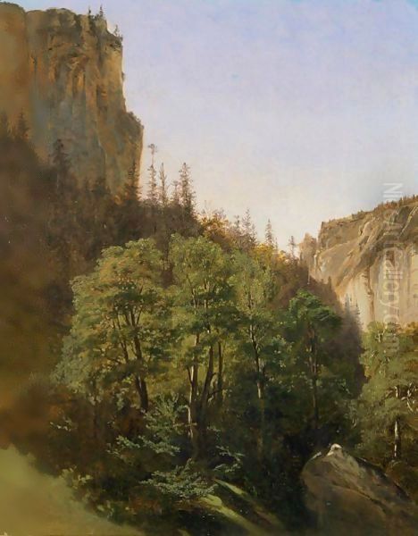 Woods And Rocky Cliffs Oil Painting by Alexandre Calame