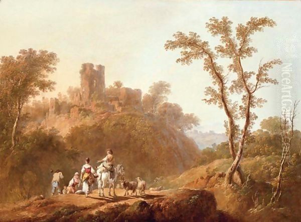 A Wooded, Hilly Landscape With Peasants, A Goat And Sheep On A Track Near A Ruined Castle Oil Painting by Jean-Baptiste Pillement