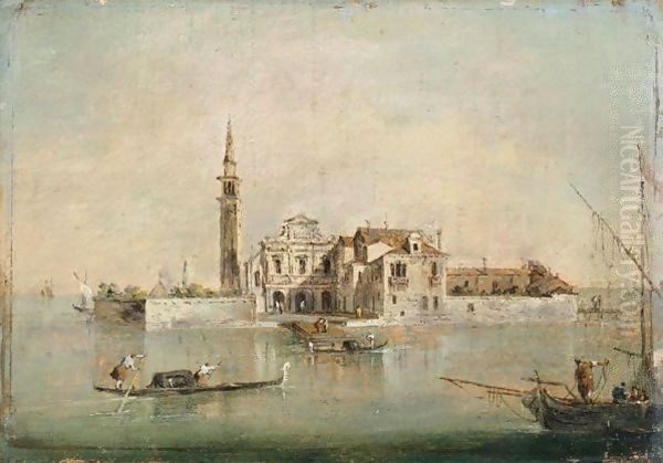 Capriccio With A Church And Tower, A Fishing Boat And Gondolas In The Foreground Oil Painting by Francesco Guardi