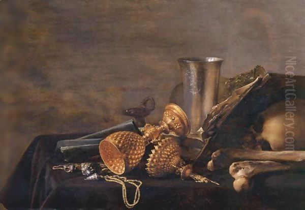 Still Life Of A Dutch Silver Beaker, A Roemer, Shells, An Overturned Gilt Cup With Its Cover Nearby, A Gilt Chain, An Open Book And A Skull All Resting On A Draped Table Oil Painting by Pieter Claesz.