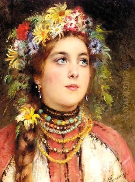 Russian Beauty In Summer Garland Oil Painting by Konstantin Egorovich Egorovich Makovsky