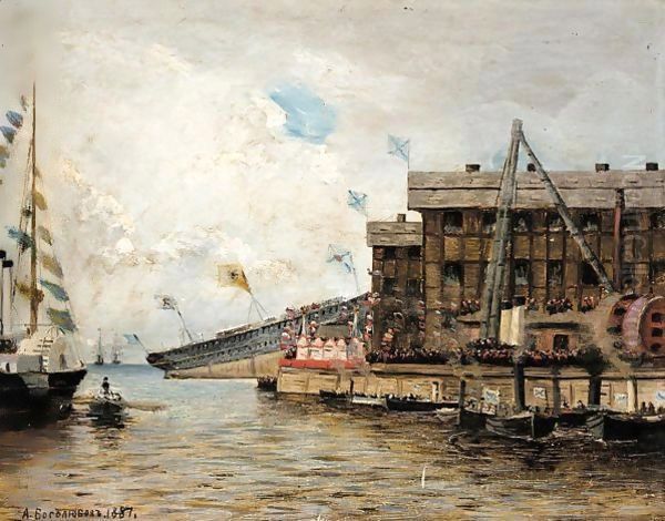 Launching The Ship Oil Painting by Aleksei Petrovich Bogolyubov