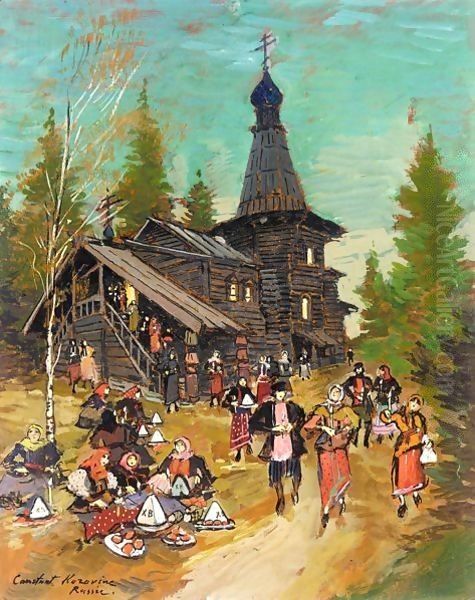 Easter Celebrations By The Village Church Oil Painting by Konstantin Alexeievitch Korovin