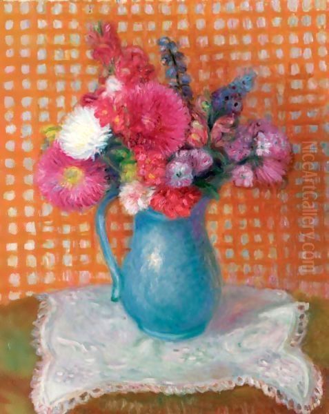 Flowers With Checkered Background Oil Painting by William Glackens