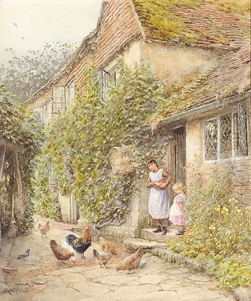 Feeding Fowl Oil Painting by Helen Mary Elizabeth Allingham