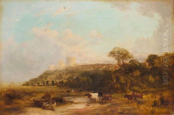 Cattle Watering With Windsor Castle In The Background Oil Painting by George Vicat Cole