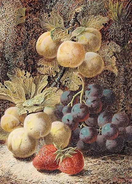 Still Life Of Plums, Grapes And Strawberries Oil Painting by Oliver Clare