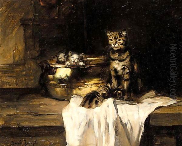 Mother And Kittens In A Pot Oil Painting by Claude Joseph Bail