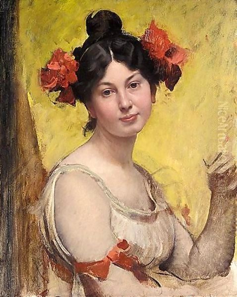 Portrait Of A Young Woman Oil Painting by Adolf Hiremy-Hirschl