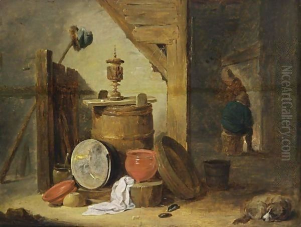 An Interior Of An Inn With A Dog And Kitchen Utensils In The Foreground, Two Figures Near A Fireplace Beyond Oil Painting by David The Younger Teniers