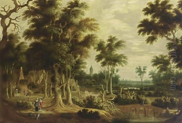 A Wooded River Landscape With An Elegant Couple On A Path, And Fishermen Near A Bridge, A Village Nearby Oil Painting by Rafel Govertsz Camphuysen