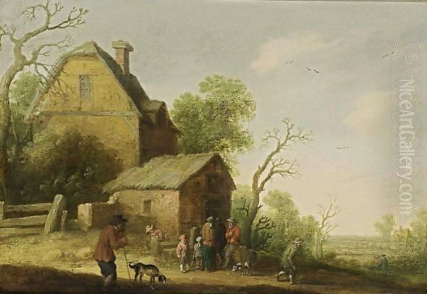 A Wooded Landscape With Figures And Dogs Sitting Outside A Tavern Oil Painting by Joost Cornelisz. Droochsloot