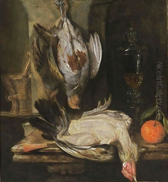 A Still Life With A Partridge, A Turkey, A Bitter Orange, A Glass Goblet Together With A Mortar And A Knife With An Agaath Handle, All On A Marble Ledge Oil Painting by Abraham Hendrickz Van Beyeren