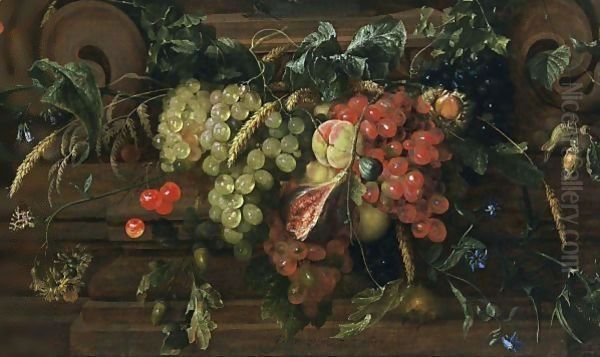 A Still Life With White And Blue Grapes, Peaches, Cherries, A Fig, An Ear Of Wheat, Oak Leaf And Acorns, A Sweet Chestnut, Filbert Nuts, Hawk-Weed, A Medlar, A Garden Tiger Moth, Together With Borage, And Other Flowers Oil Painting by Jan Davidsz. De Heem