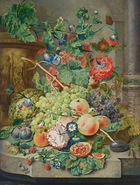 A Still Life With Grapes, Peaches, Prunes, A Melon, A Pomegranate, Raspberries, Together With Morning Glory, An Opium Poppy, Hollyhocks And A Rose, All On A Marble Ledge Together With A Butterfly, A Fly And Ants Oil Painting by Wybrand Hendriks