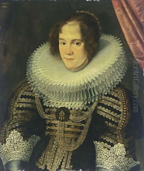 A Portrait Of A Lady, Aged 26, Half-Length, Wearing A Black Dress With Elaborate Gold Embroidery, Gold Chains, Lace Cuffs And Collar, Pearl Jewellery And Bonnet Oil Painting by Gotthardt von Wedig