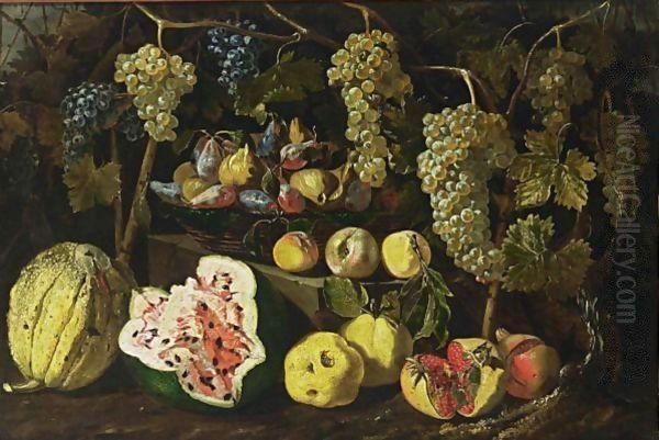 A Still Life With A Watermelon, A Melon, Pomegranates, Peaches, And Grapes Together With Figs And Plums In A Basket On A Stone Ledge Oil Painting by Giovanni Battista Ruoppolo