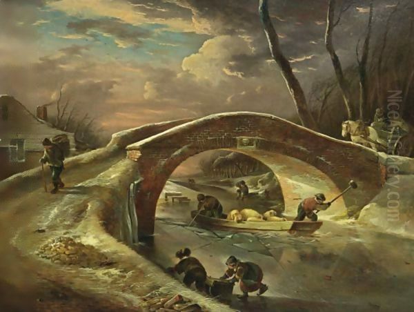 A Winter Landscape With A Horse Drawn Cart Going Over A Bridge, Peasants Transporting Pigs Over The River, And Children Sledging Oil Painting by Andries Vermeulen