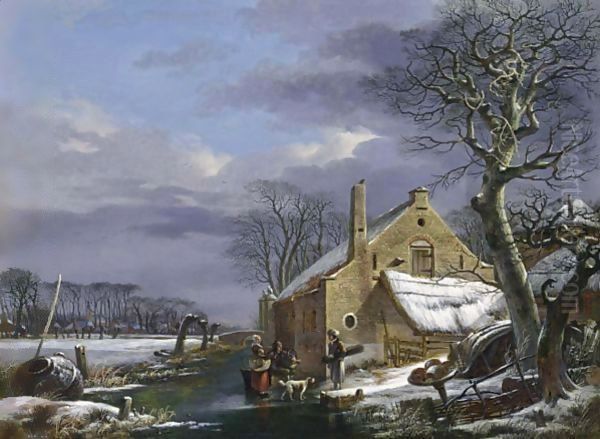 A Winter Landscape With Figures And A Dog On A Frozen Ditch Near A Farmhouse, A Village In The Background Oil Painting by Arnoldus Van Well Dordrecht