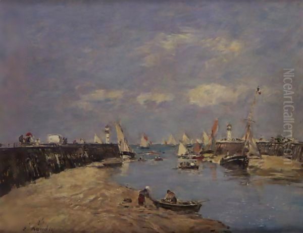 Trouville, Les Jetees Maree Basse Oil Painting by Eugene Boudin