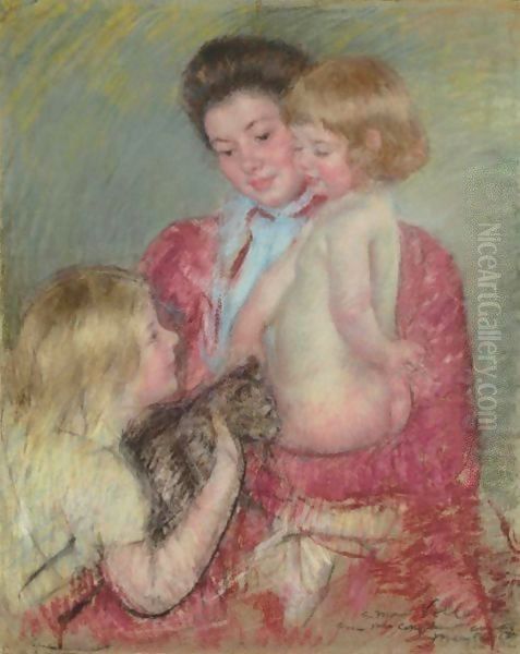 Reine Lefebvre With Blond Baby And Sara Holding A Cat (Maternite) Oil Painting by Mary Cassatt