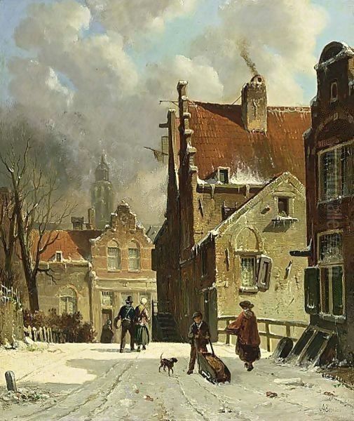 Figures In A Wintry Town Oil Painting by Adrianus Eversen