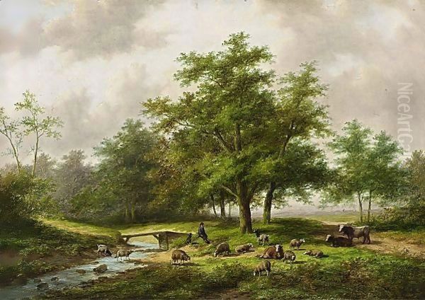 A Shepherd With His Flock In A Wooded Landscape Oil Painting by Jan Evert Morel