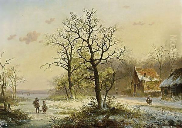 Conversing Figures On A Frozen Ditch Oil Painting by Jan Evert Morel