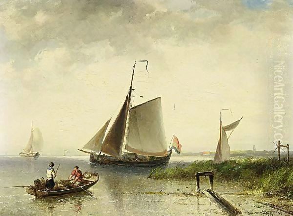 A Dutch River View Oil Painting by Elias Pieter van Bommel