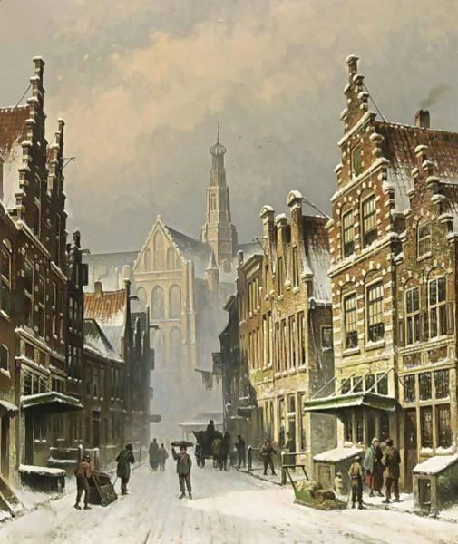 A Snowy View Of The Smedestraat, Haarlem Oil Painting by Eduard Alexander Hilverdink