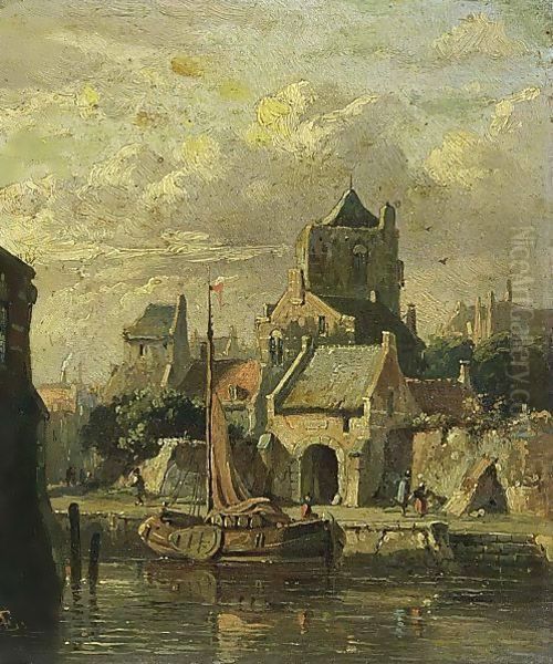 A Town View With A Moored Boat Oil Painting by Adrianus Eversen